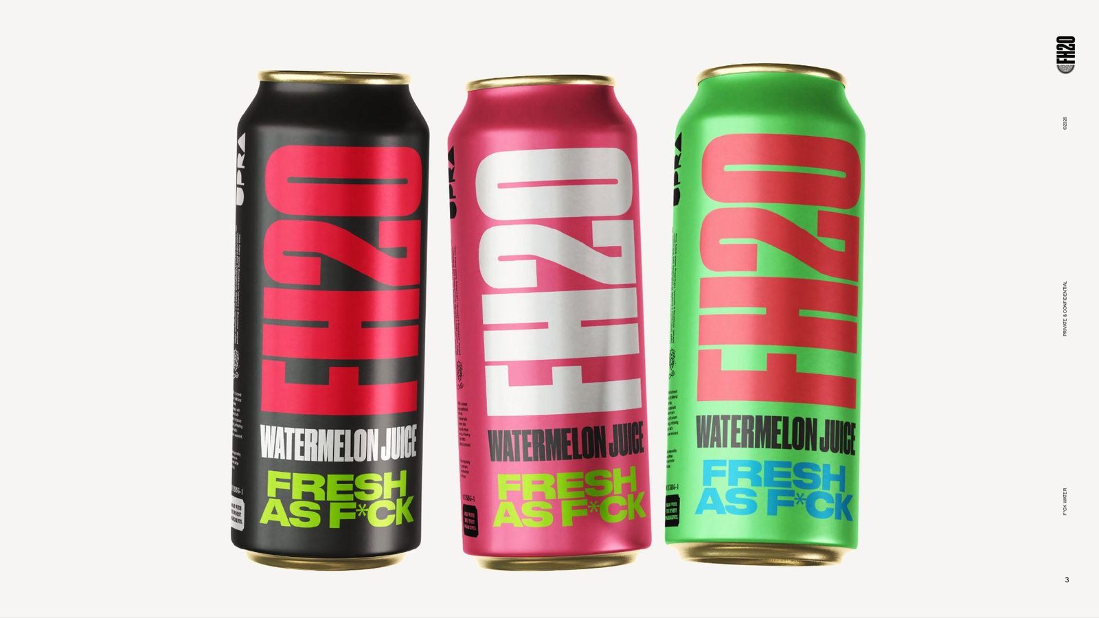 FH2O can lineup. Black, pink, green.