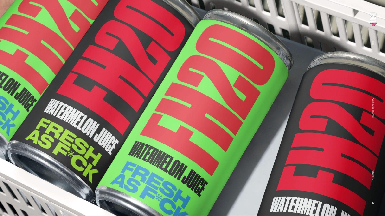 FH2O cans stocked in a fridge